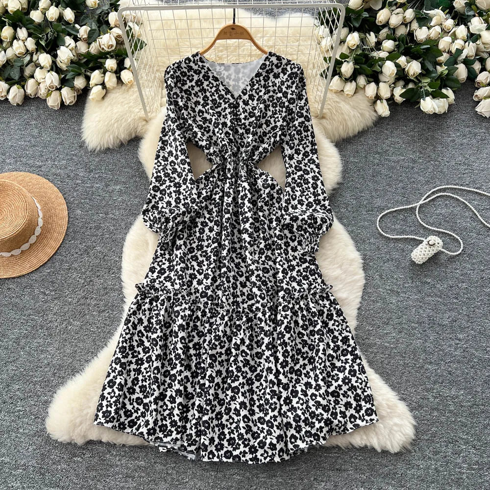 Chic vintage lantern sleeve print long sleeve slim Fairy korean fashion dress women clothing dress