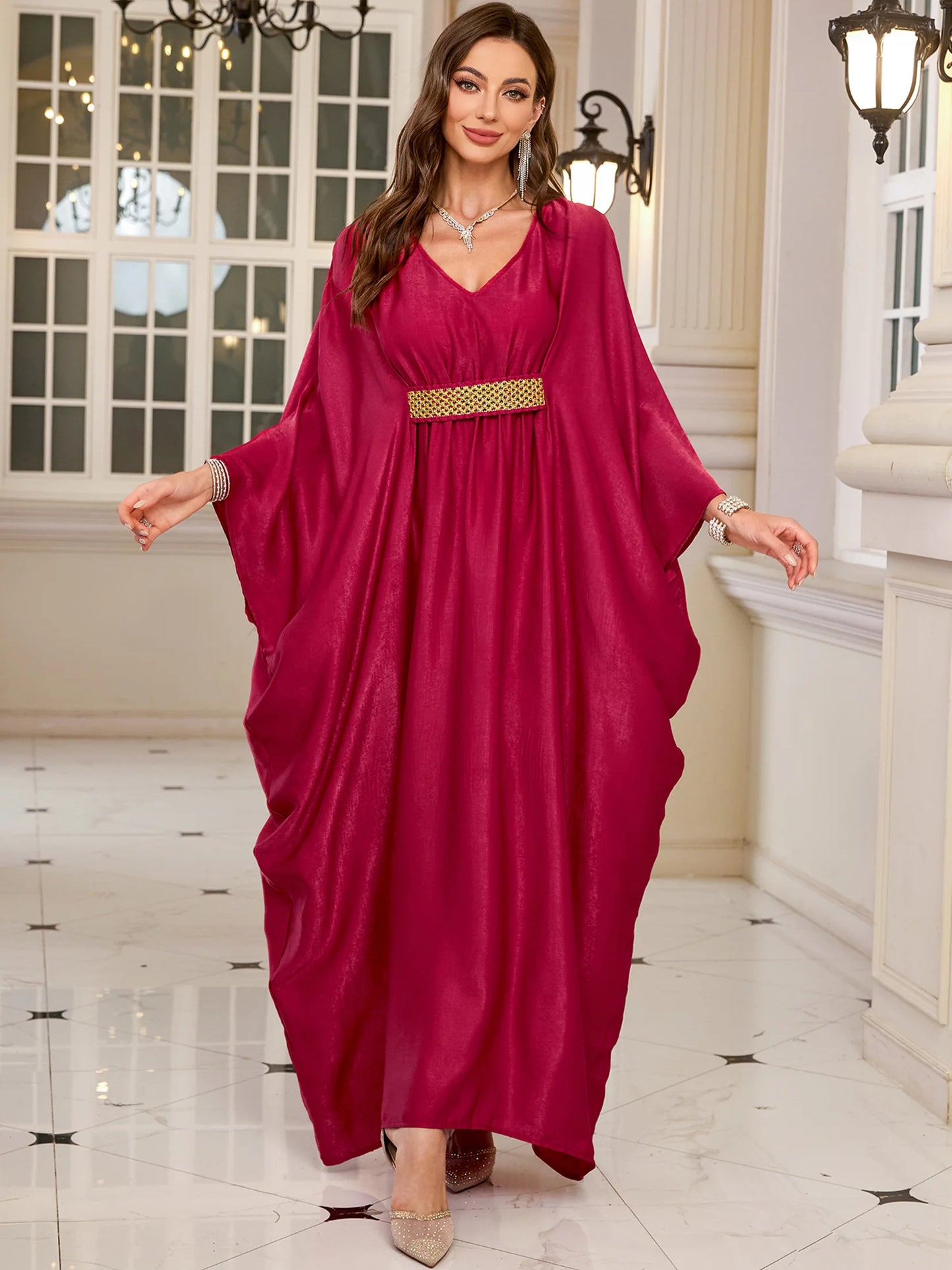 2024 Vintage Embroidery Kaftan Sexy V-neck Batwing Sleeve High Waist Maxi Dress Tunic Women Clothing Summer Beach Dresses Q660