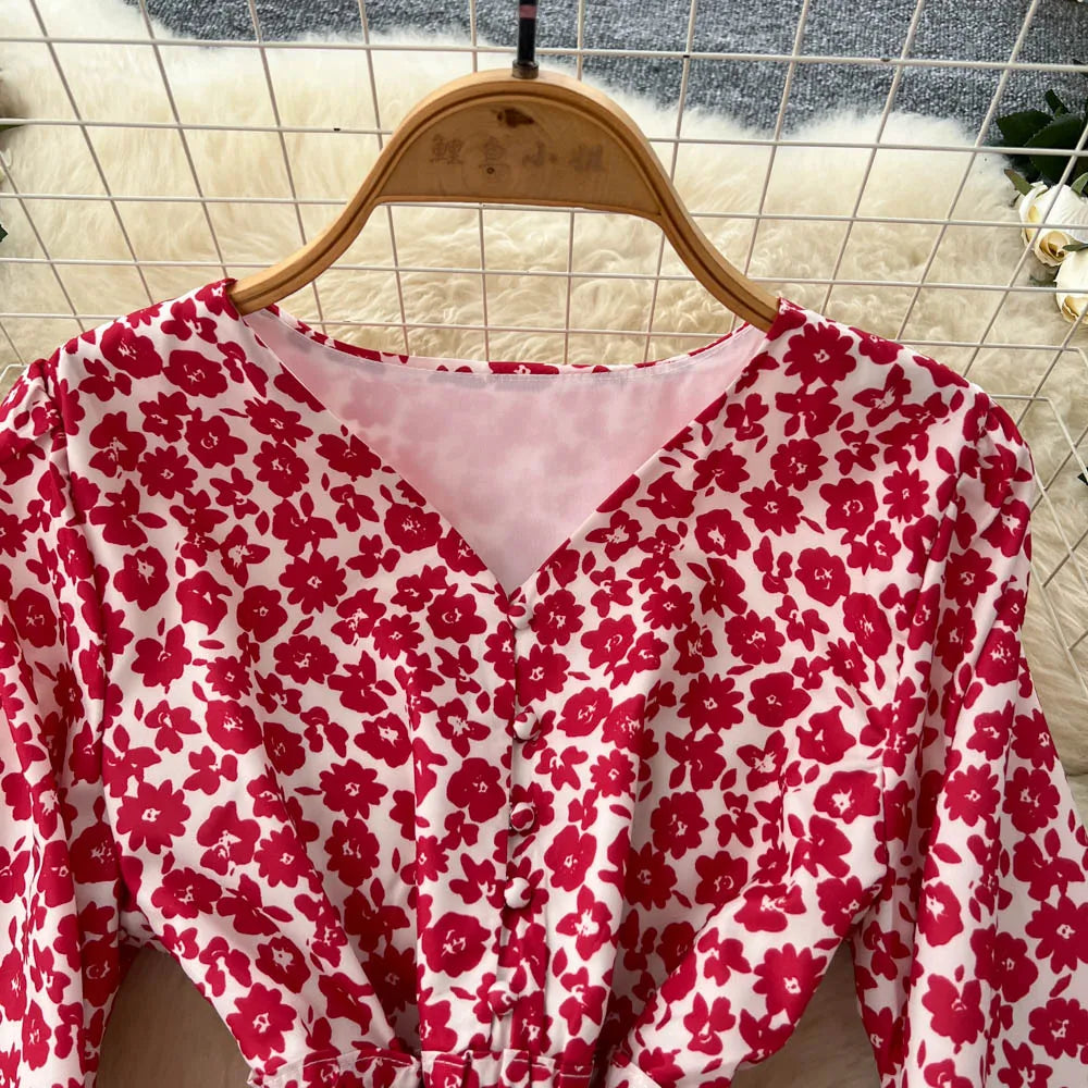 Chic vintage lantern sleeve print long sleeve slim Fairy korean fashion dress women clothing dress