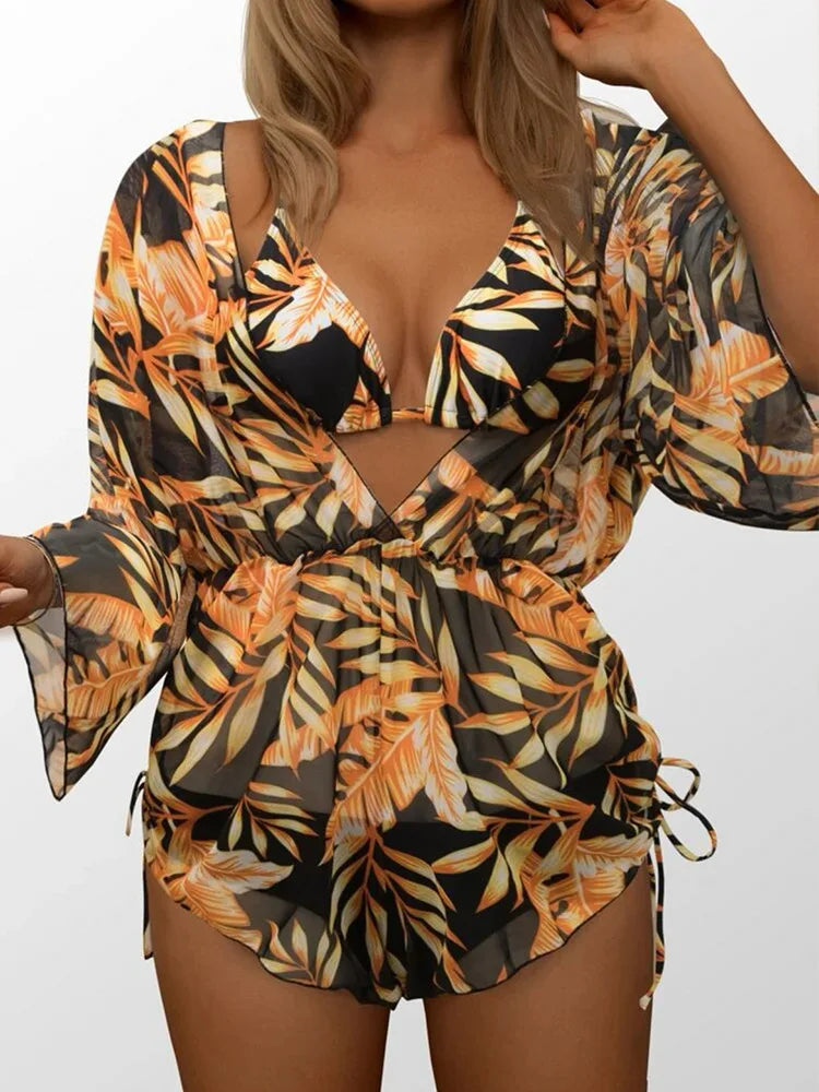 Sexy Print Bikini Set Three Piece Swimming Suits Bathing Suit Woman Beachwear High Waist Drawstring Swimsuit Women Swimwear