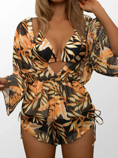 Sexy Print Bikini Set Three Piece Swimming Suits Bathing Suit Woman Beachwear High Waist Drawstring Swimsuit Women Swimwear