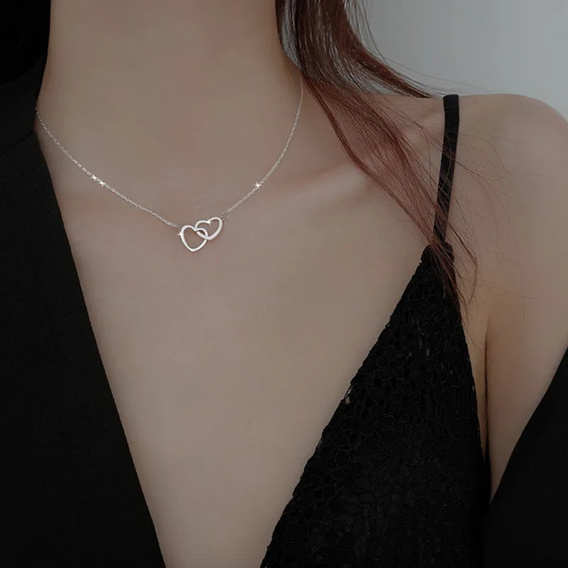 Fashion Double Love Heart Necklaces for Women Simple Sliver Color Personality Long Tassel Necklace Party Jewellery Gifts