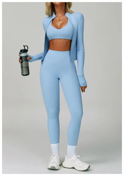2PCS Yoga Clothing Set Women's High Waisted Leggings 3 Piece Fitness Suit Coat Jacket Exercise Wear Fitness Workout Underwear ﻿