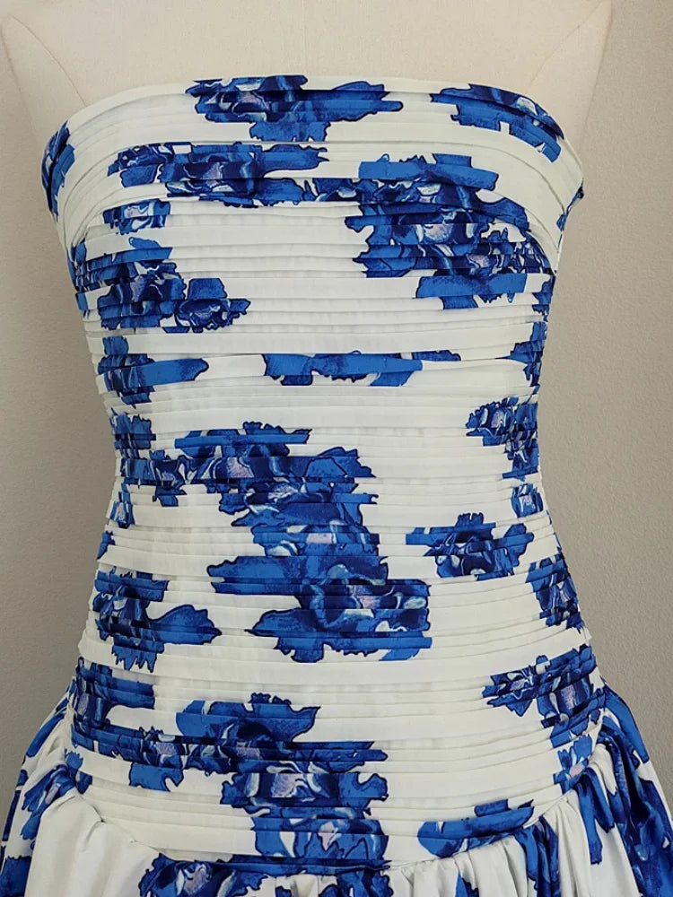 Sexy Strapless Printed Split Deign Long Bubble Dress Women Sleeveless Backless High Waist Patchwork Folds Dresses Evening Party