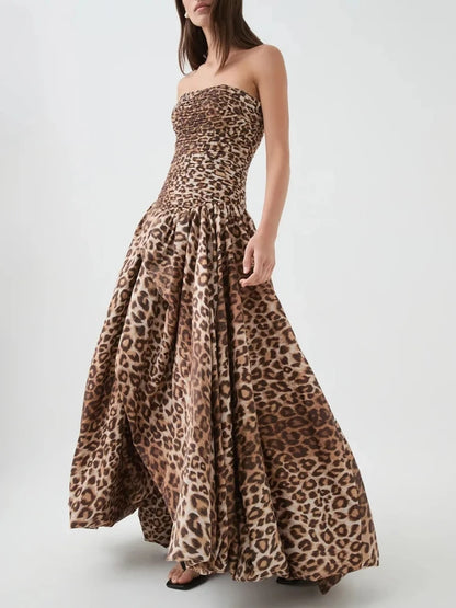 Sexy Strapless Printed Split Deign Long Bubble Dress Women Sleeveless Backless High Waist Patchwork Folds Dresses Evening Party