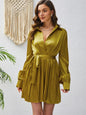 Elegant satin lapel waist cinching lace up long sleeved pleated dress spring/autumn womens fashion temperament solid short skirt