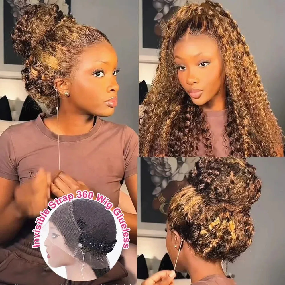 200 Density Invisible Strap Highlight 360 Full Hd Lace Front Wig Honey Blonde Deep Wave Frontal Wig Glueless Wig Human Hair
