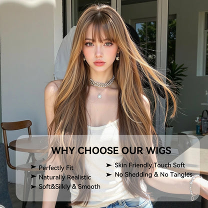 Honey Brown Highlight Layered Synthetic Wigs With Bangs Super Long Straight  Wig For Women Cosplay Natural Daily  Heat Resistant