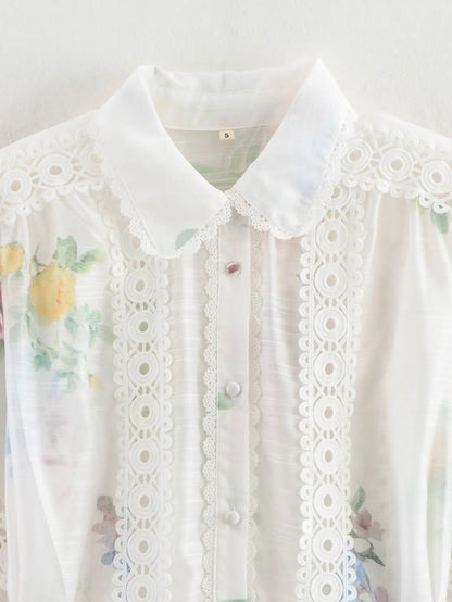 Women White Flower Print Dress Vintage Lace Patchwork Long Sleeve Evening Dress Y2k Birthday Party One Piece Frocks Clothes 2025