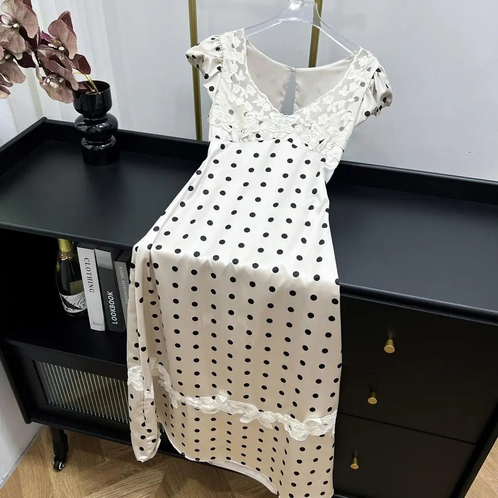Absobe French Lace Patchwork Satin Polka Dot A-Line Maxi Dress For Women Elegant Backless Long Gown Chic Birthday Party Outfit
