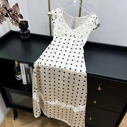 Absobe French Lace Patchwork Satin Polka Dot A-Line Maxi Dress For Women Elegant Backless Long Gown Chic Birthday Party Outfit