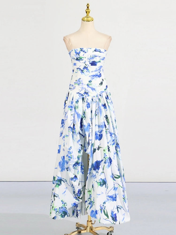Sexy Strapless Printed Split Deign Long Bubble Dress Women Sleeveless Backless High Waist Patchwork Folds Dresses Evening Party