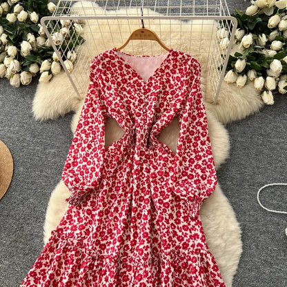 Chic vintage lantern sleeve print long sleeve slim Fairy korean fashion dress women clothing dress