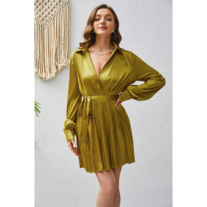 Elegant satin lapel waist cinching lace up long sleeved pleated dress spring/autumn womens fashion temperament solid short skirt