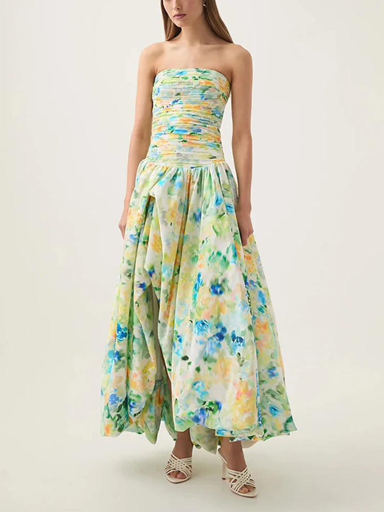 Sexy Strapless Printed Split Deign Long Bubble Dress Women Sleeveless Backless High Waist Patchwork Folds Dresses Evening Party