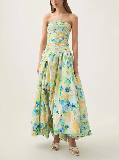 Sexy Strapless Printed Split Deign Long Bubble Dress Women Sleeveless Backless High Waist Patchwork Folds Dresses Evening Party