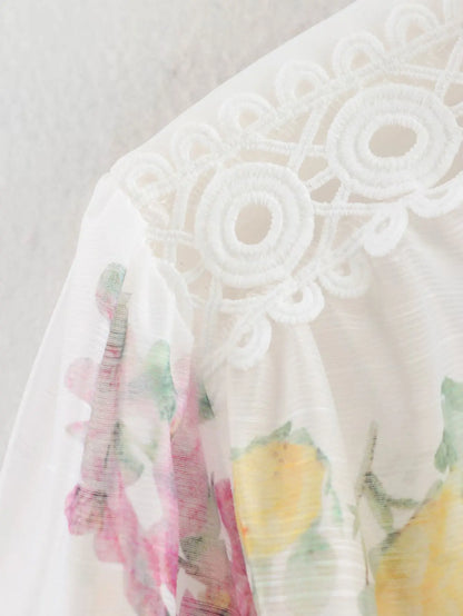 Women White Flower Print Dress Vintage Lace Patchwork Long Sleeve Evening Dress Y2k Birthday Party One Piece Frocks Clothes 2025