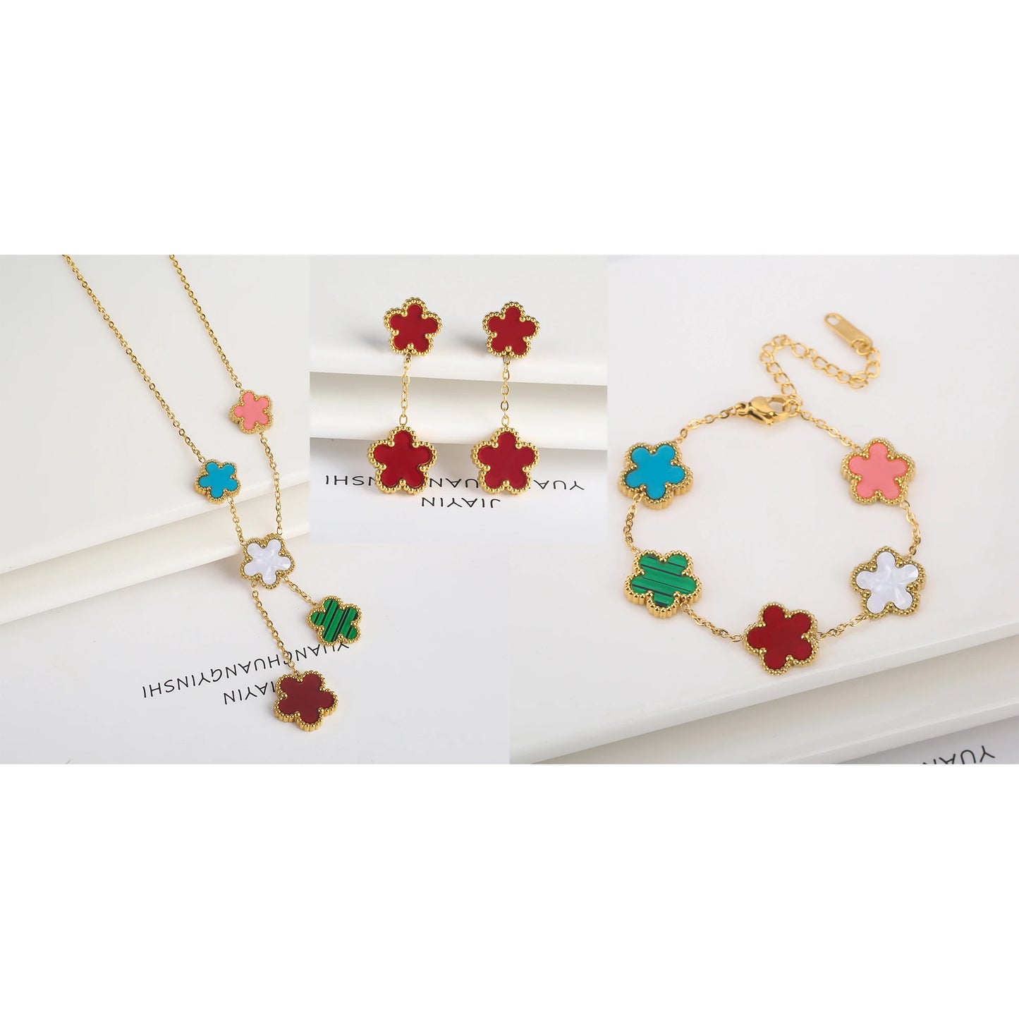 Hot Sale 3Pcs Stainless Steel 18k Gold-Plated Five-Leaf Flower Necklace Earrings Bracelet Jewelry Set For Woman Jewelry Clover