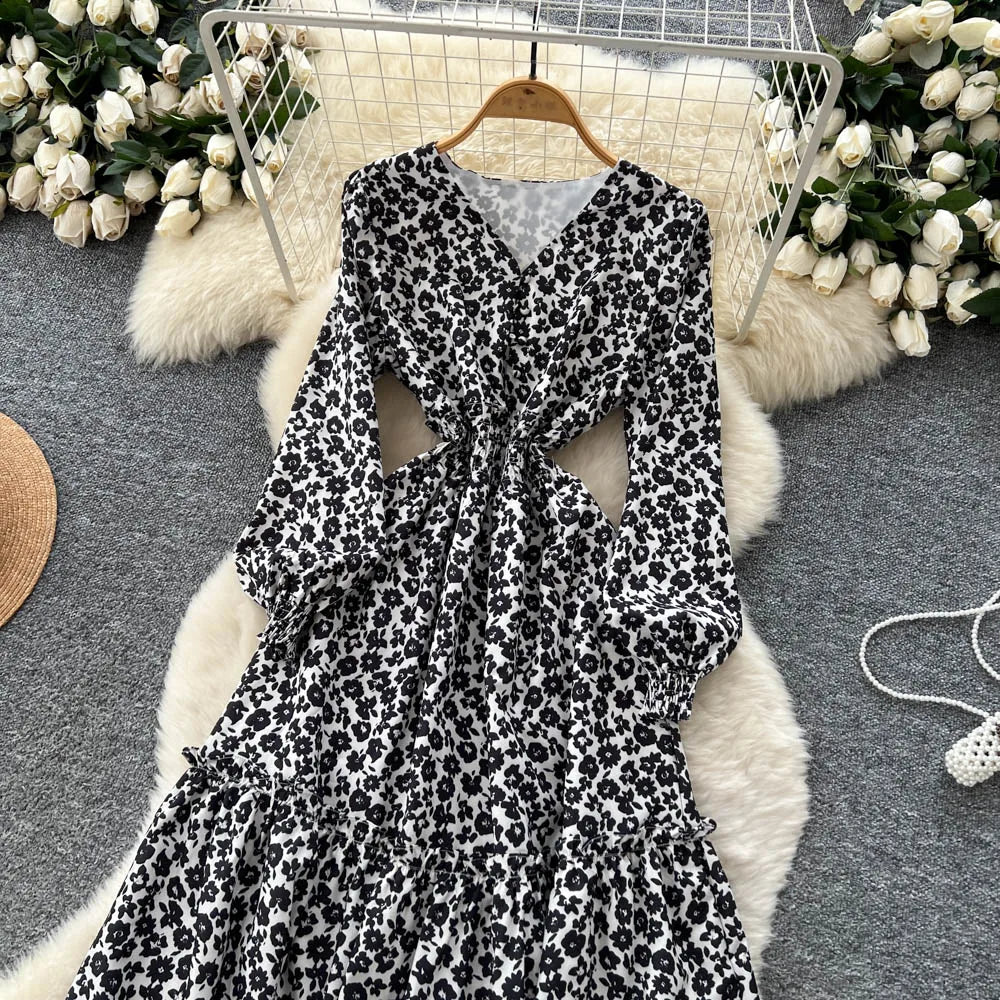 Chic vintage lantern sleeve print long sleeve slim Fairy korean fashion dress women clothing dress