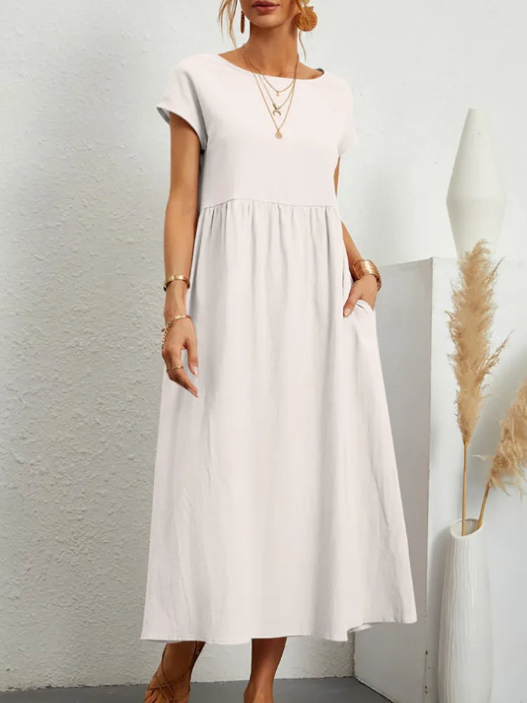Women Vintage Solid Dress 2025 Summer Elegant O Neck Short Sleeve Cotton Linen Dresses Female Casual Loose Sundress Long Dress