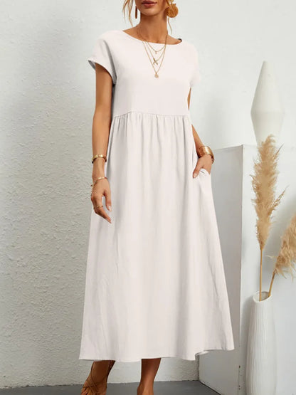 Women Vintage Solid Dress 2025 Summer Elegant O Neck Short Sleeve Cotton Linen Dresses Female Casual Loose Sundress Long Dress