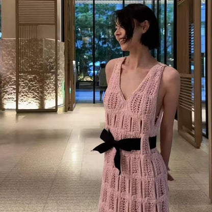 NIGO Women's Spring/Summer V-neck Bow Strap Solid Color Hollow Cotton Sleeveless Dresses #hz1115