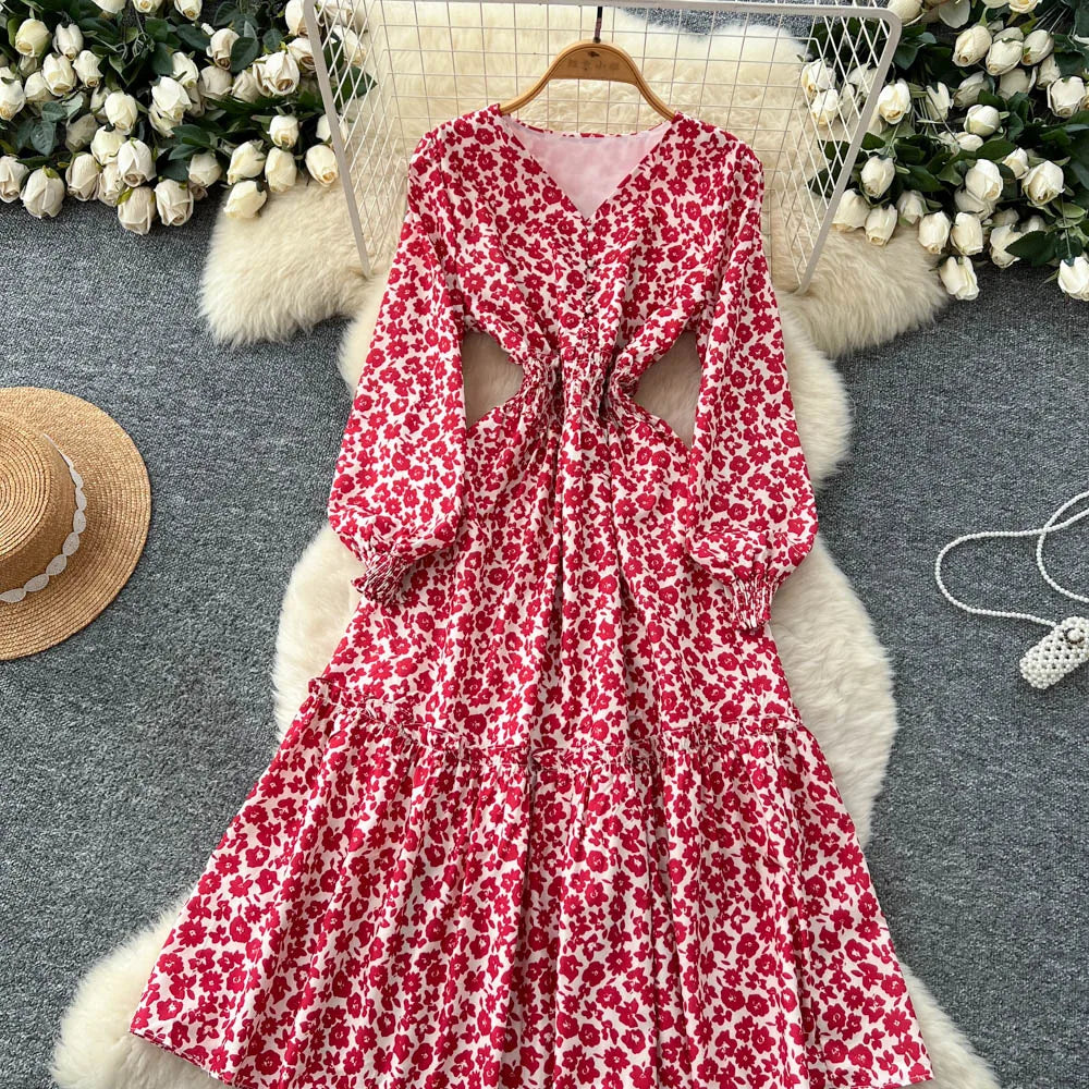 Chic vintage lantern sleeve print long sleeve slim Fairy korean fashion dress women clothing dress