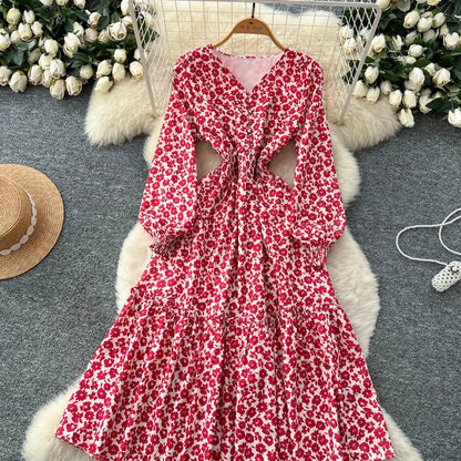 Chic vintage lantern sleeve print long sleeve slim Fairy korean fashion dress women clothing dress