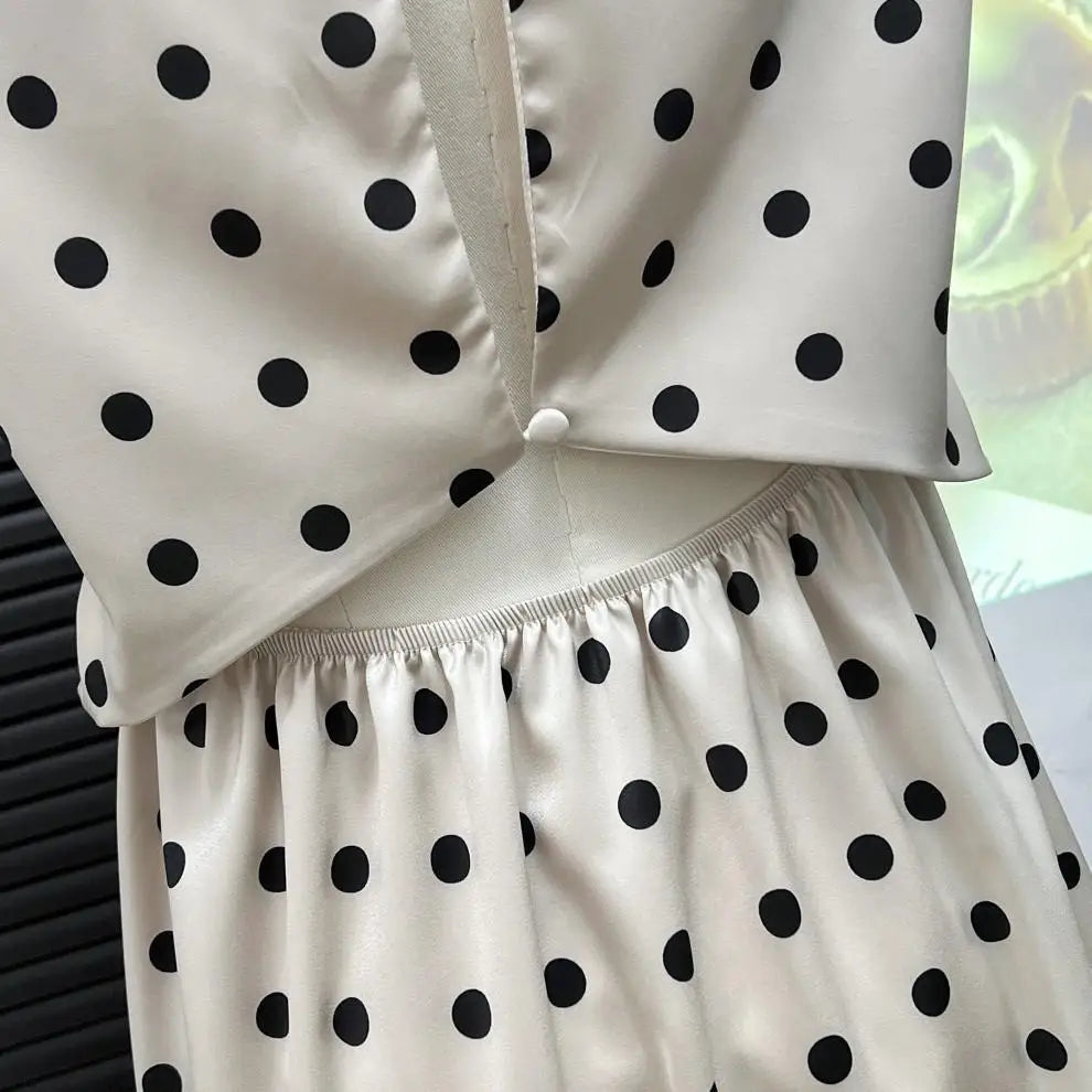 Absobe French Lace Patchwork Satin Polka Dot A-Line Maxi Dress For Women Elegant Backless Long Gown Chic Birthday Party Outfit