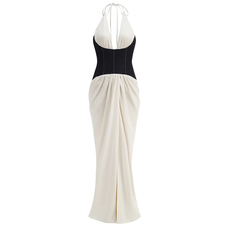Celebrity Women's Photography Party Evening Gown Corset - style Top Backless Sexy Halter Neck Contrasting Color Long Dress