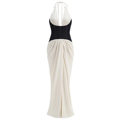 Celebrity Women's Photography Party Evening Gown Corset - style Top Backless Sexy Halter Neck Contrasting Color Long Dress