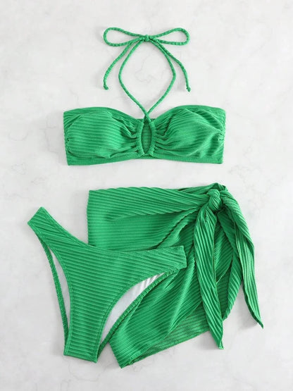 2025 Solid Halter String 3 Piece Bikini String Skirt Swimsuit Women Swimwear Female Bather Bathing Swimming Swim Suit Beachwear