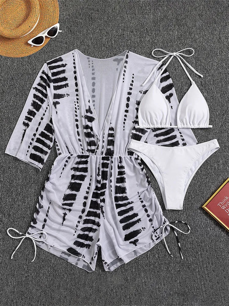 Sexy Print Bikini Set Three Piece Swimming Suits Bathing Suit Woman Beachwear High Waist Drawstring Swimsuit Women Swimwear