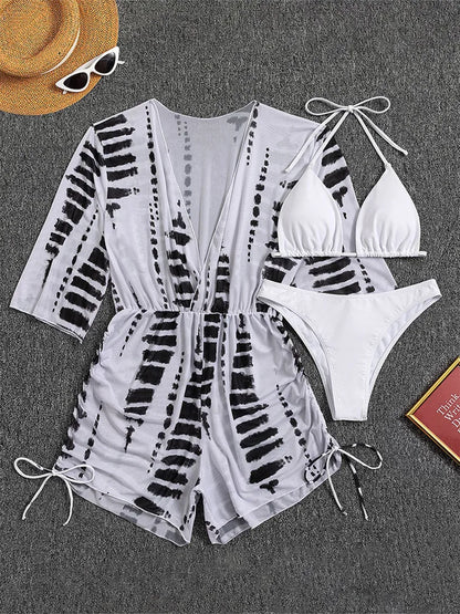 Sexy Print Bikini Set Three Piece Swimming Suits Bathing Suit Woman Beachwear High Waist Drawstring Swimsuit Women Swimwear
