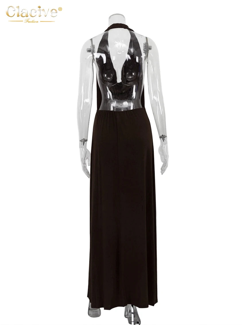 Clacive Sexy Slim Brown Womens Dresses Summer Bodycon Sleeveless Backless Maxi Dress Elegant High Waist Backless Female Dress