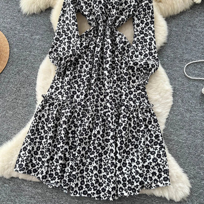 Chic vintage lantern sleeve print long sleeve slim Fairy korean fashion dress women clothing dress