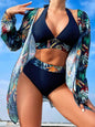Halter Print Bikini Sets 3PCS Women Swimsuit With Kimono High Waist Swimwear Female Bathers Bathing Swimming Swim Suit Beachwear