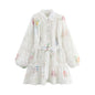 Women White Flower Print Dress Vintage Lace Patchwork Long Sleeve Evening Dress Y2k Birthday Party One Piece Frocks Clothes 2025