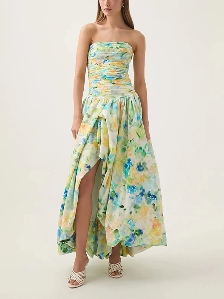 Sexy Strapless Printed Split Deign Long Bubble Dress Women Sleeveless Backless High Waist Patchwork Folds Dresses Evening Party