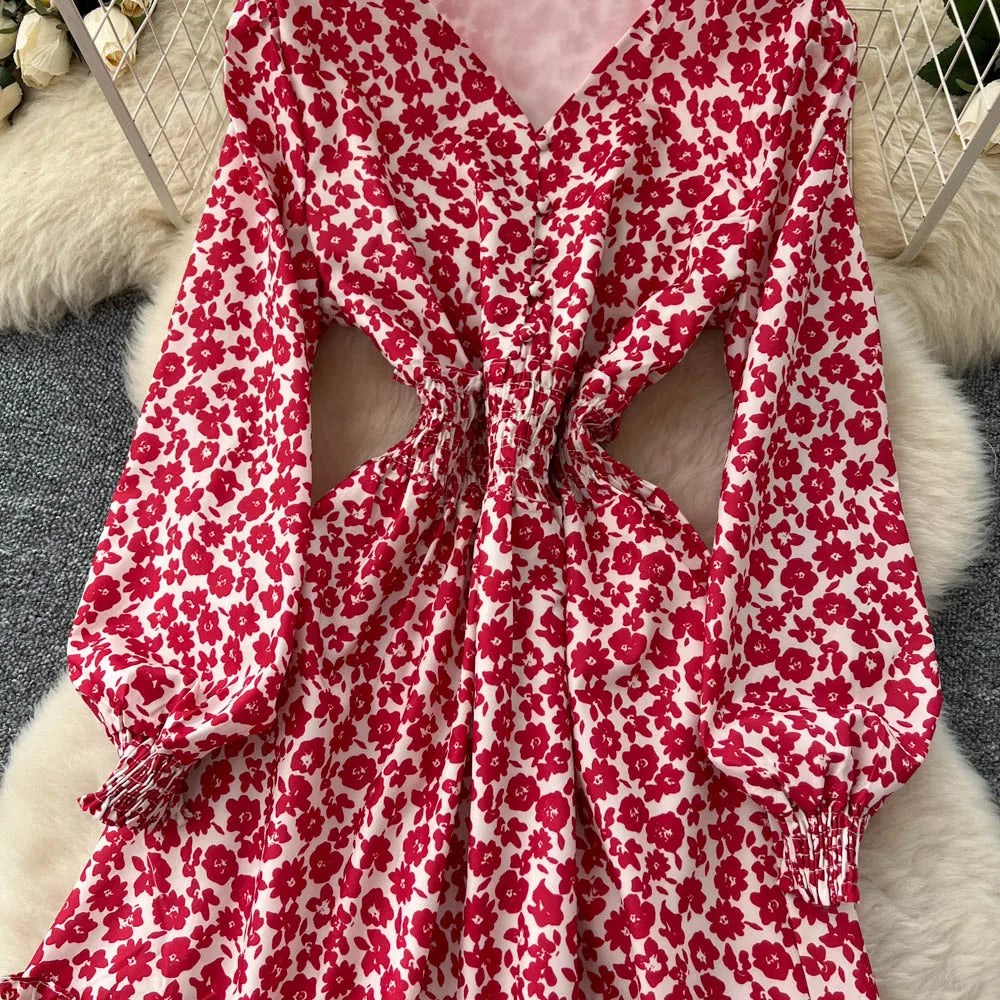 Chic vintage lantern sleeve print long sleeve slim Fairy korean fashion dress women clothing dress