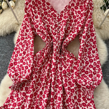 Chic vintage lantern sleeve print long sleeve slim Fairy korean fashion dress women clothing dress