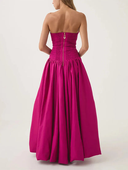 Sexy Strapless Printed Split Deign Long Bubble Dress Women Sleeveless Backless High Waist Patchwork Folds Dresses Evening Party
