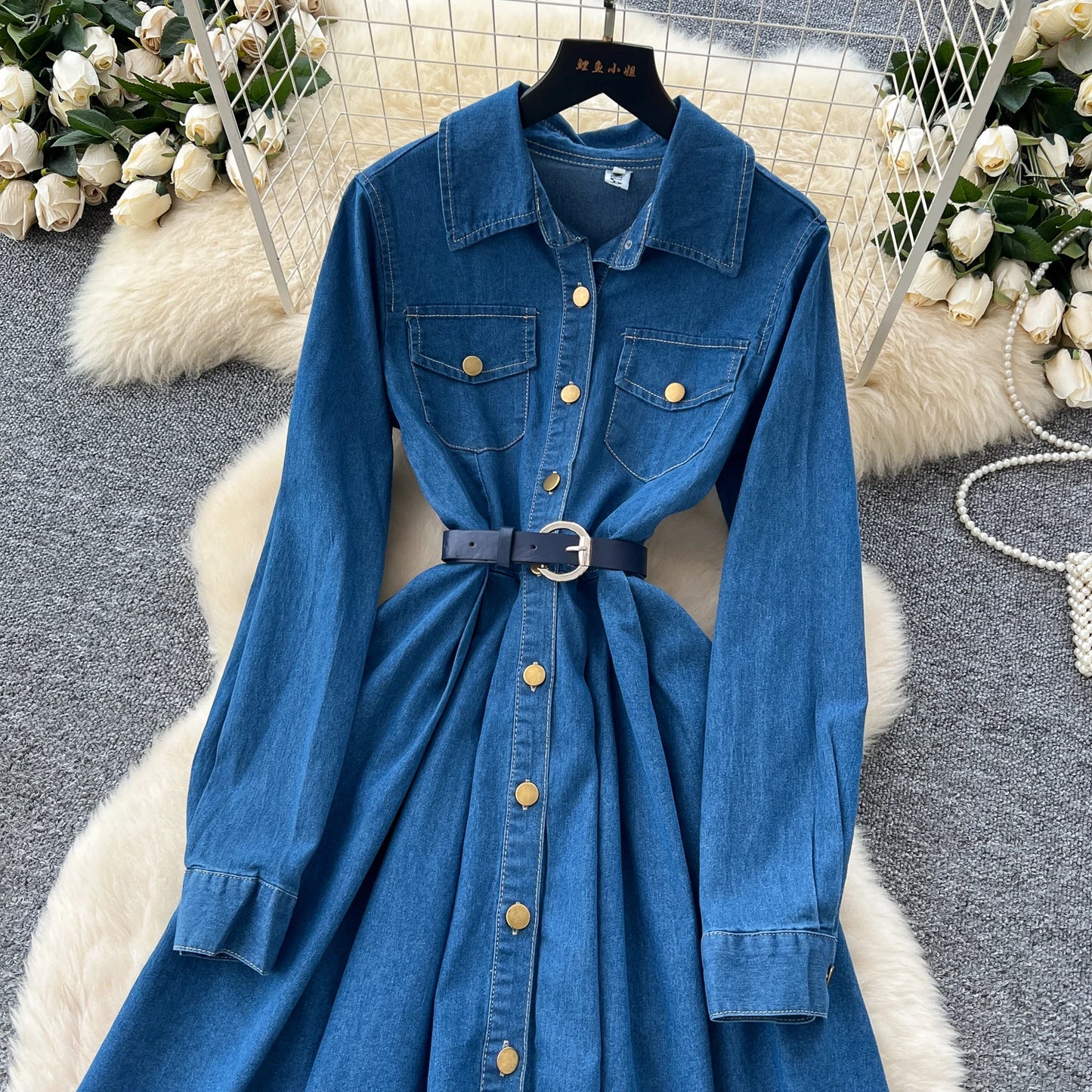Sexy long sleeve Slit Pockets Single Breasted High Waist Pleated dress Vestidos sundress Women Evening Party dress