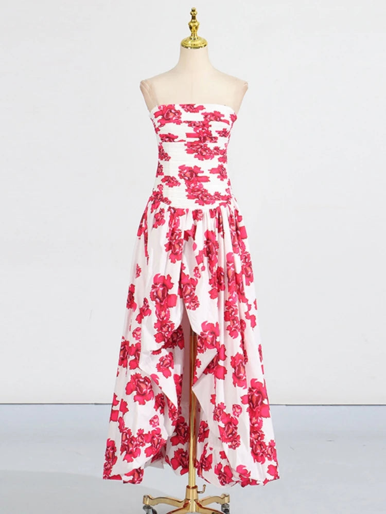 Sexy Strapless Printed Split Deign Long Bubble Dress Women Sleeveless Backless High Waist Patchwork Folds Dresses Evening Party