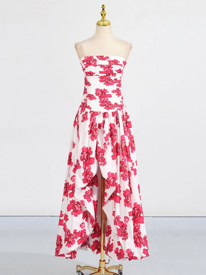 Sexy Strapless Printed Split Deign Long Bubble Dress Women Sleeveless Backless High Waist Patchwork Folds Dresses Evening Party