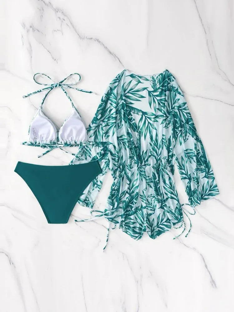 Sexy Print Bikini Set Three Piece Swimming Suits Bathing Suit Woman Beachwear High Waist Drawstring Swimsuit Women Swimwear