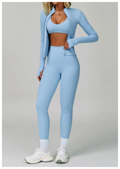 2PCS Yoga Clothing Set Women's High Waisted Leggings 3 Piece Fitness Suit Coat Jacket Exercise Wear Fitness Workout Underwear ﻿