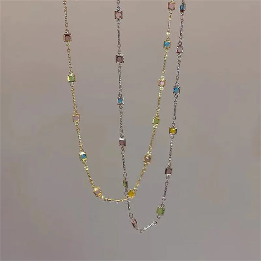 Rainbow Crystal Gemstone Retro Choker Colored Zircon Necklace For Women Simple Clavicle Chain Jewelry Fashion Wear Accessories