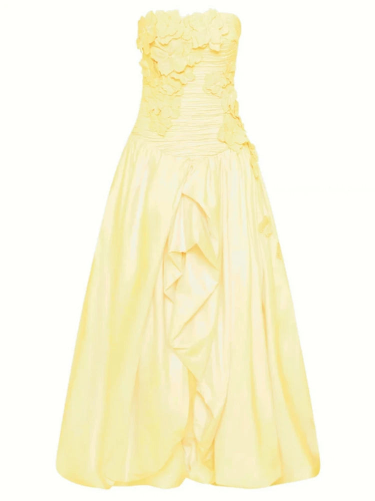 Sexy Strapless Printed Split Deign Long Bubble Dress Women Sleeveless Backless High Waist Patchwork Folds Dresses Evening Party