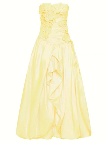 Sexy Strapless Printed Split Deign Long Bubble Dress Women Sleeveless Backless High Waist Patchwork Folds Dresses Evening Party